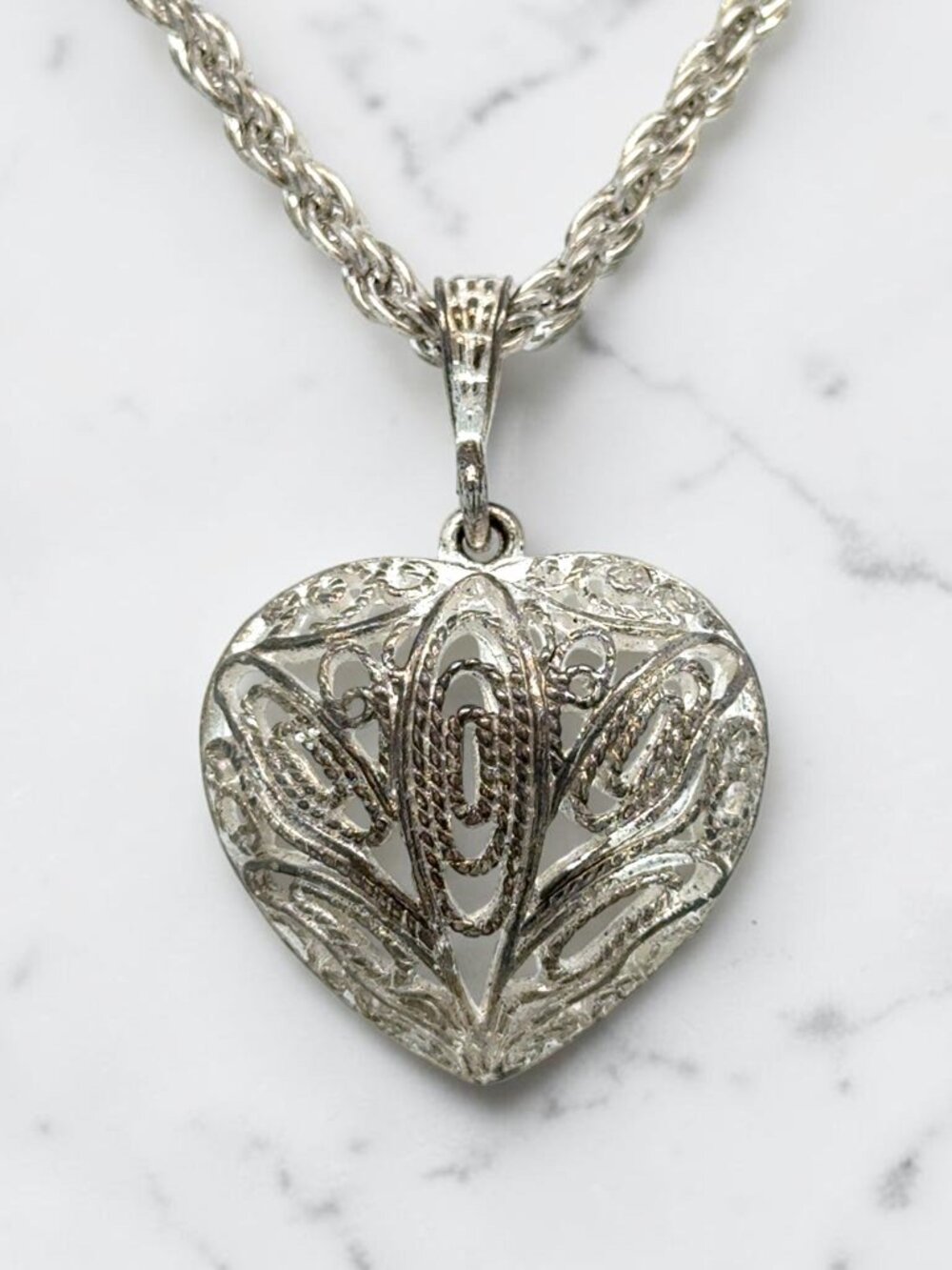 Silver-Tone Filigree Heart Pendant
